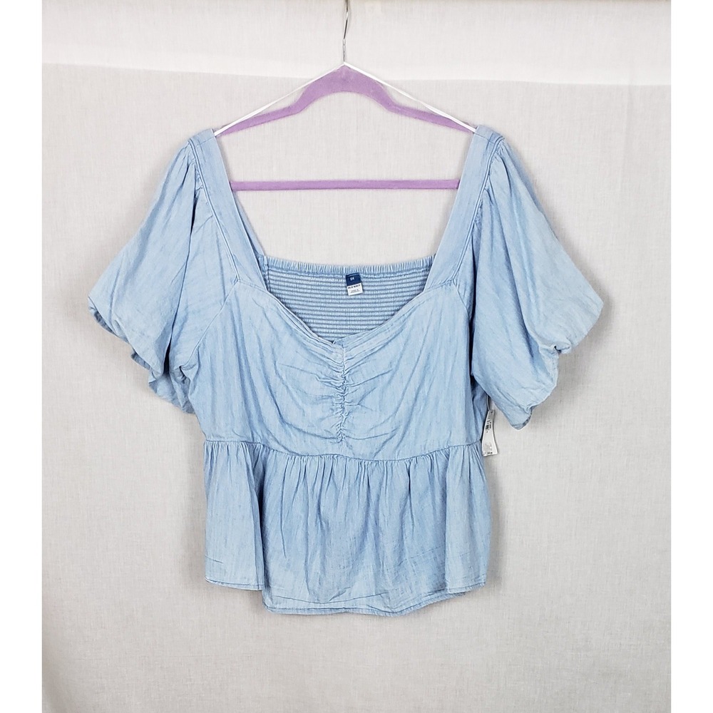 Old Navy Womens 2X Blue Cotton Puff Sleeve Peplum Blouse Smocked Back‎ Summer